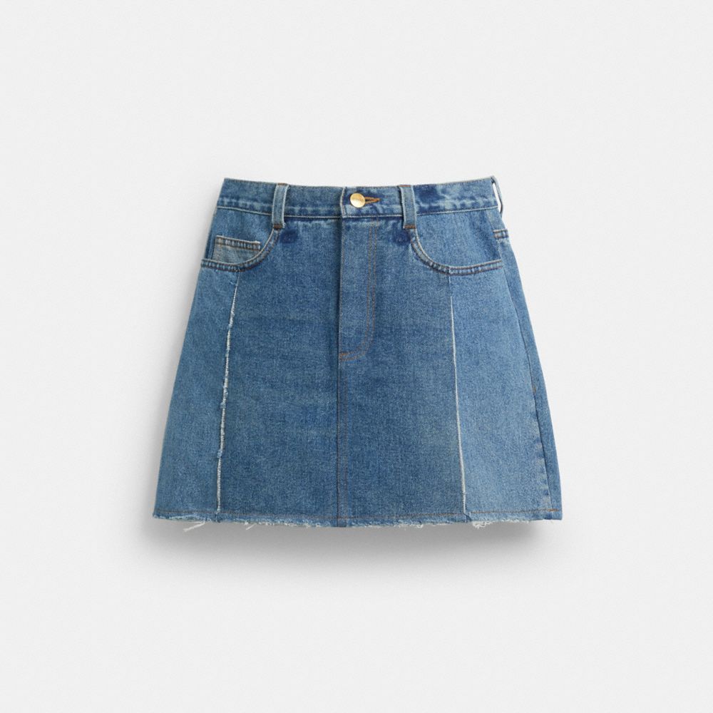 COACH&reg;,Repurposed Denim Mini Skirt,Denim,Cotton,A-Line,Denim,Patchwork,Whiskering,Raw Seam,Casual,Blue,Front View