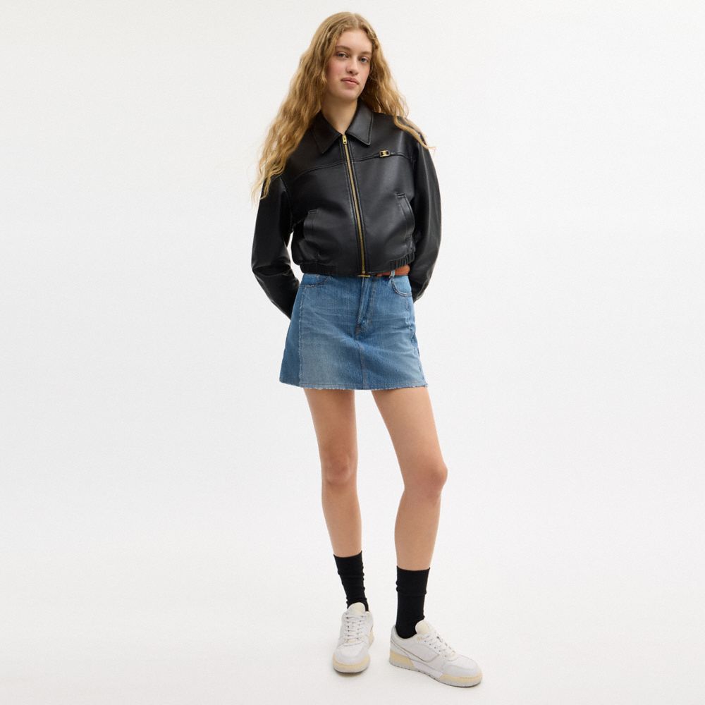COACH®,Repurposed Denim Mini Skirt,Denim,Cotton,A-Line,Denim,Patchwork,Whiskering,Raw Seam,Casual,Blue,Scale View