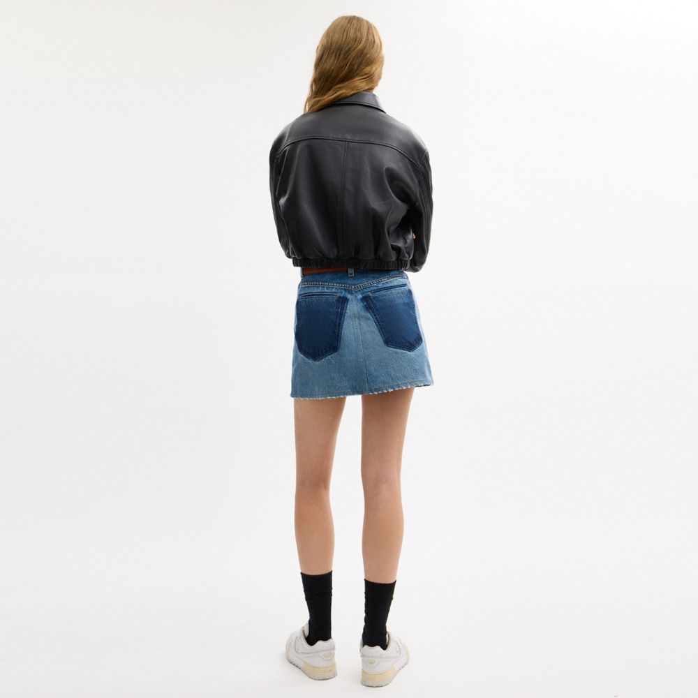 COACH®,Repurposed Denim Mini Skirt,Denim,Cotton,A-Line,Denim,Patchwork,Whiskering,Raw Seam,Casual,Blue,Scale View