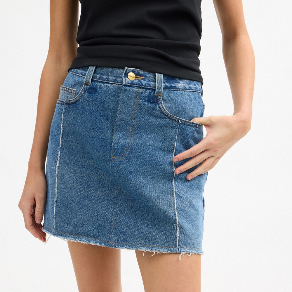 COACH®,Repurposed Denim Mini Skirt,Denim,Cotton,A-Line,Denim,Patchwork,Whiskering,Raw Seam,Casual,Blue,Detail View