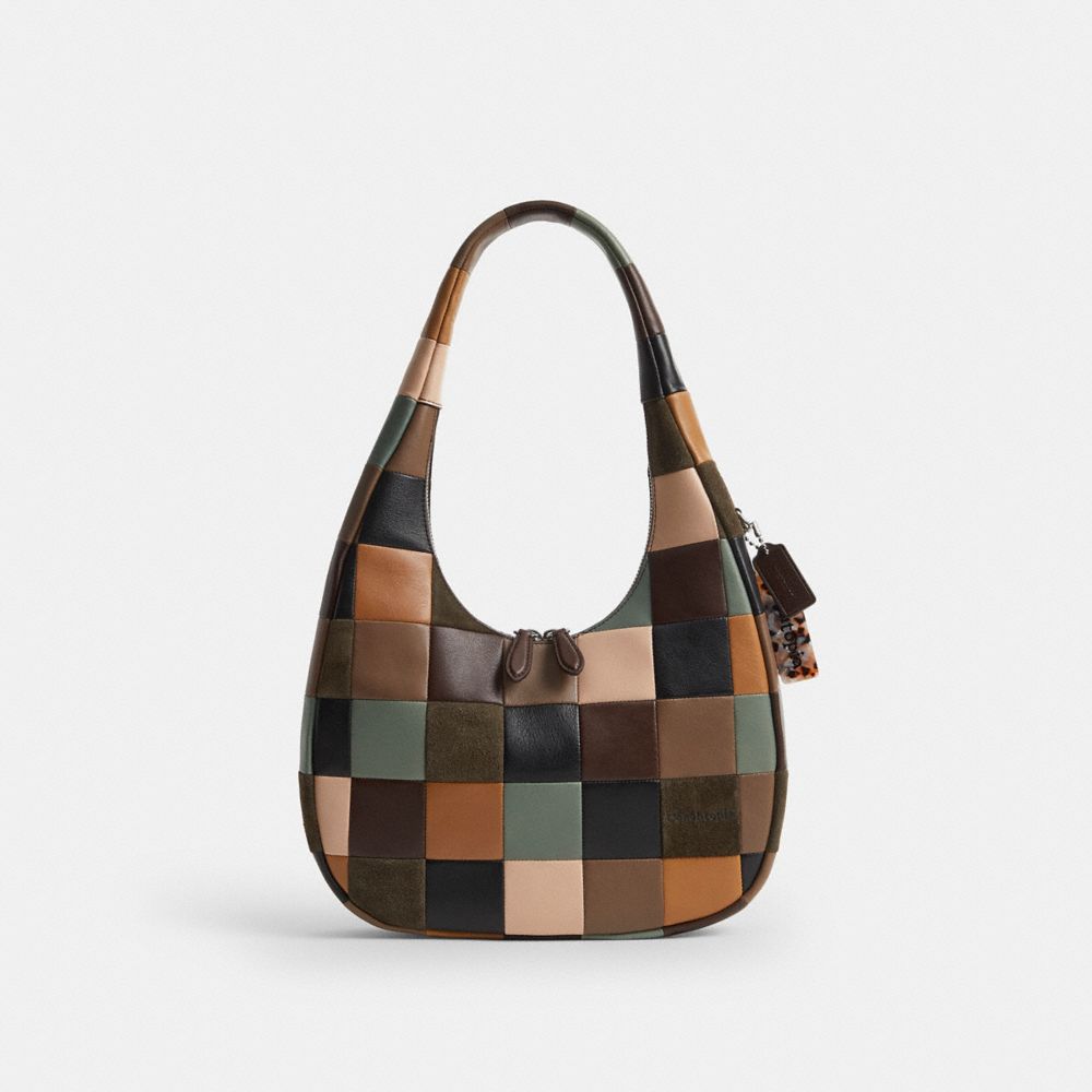 COACH®,Sac épaule croissant Alter/Ego en daim Upcrafted à carreaux,CUIR RETRAVAILLÉ,Multi 4,Front View