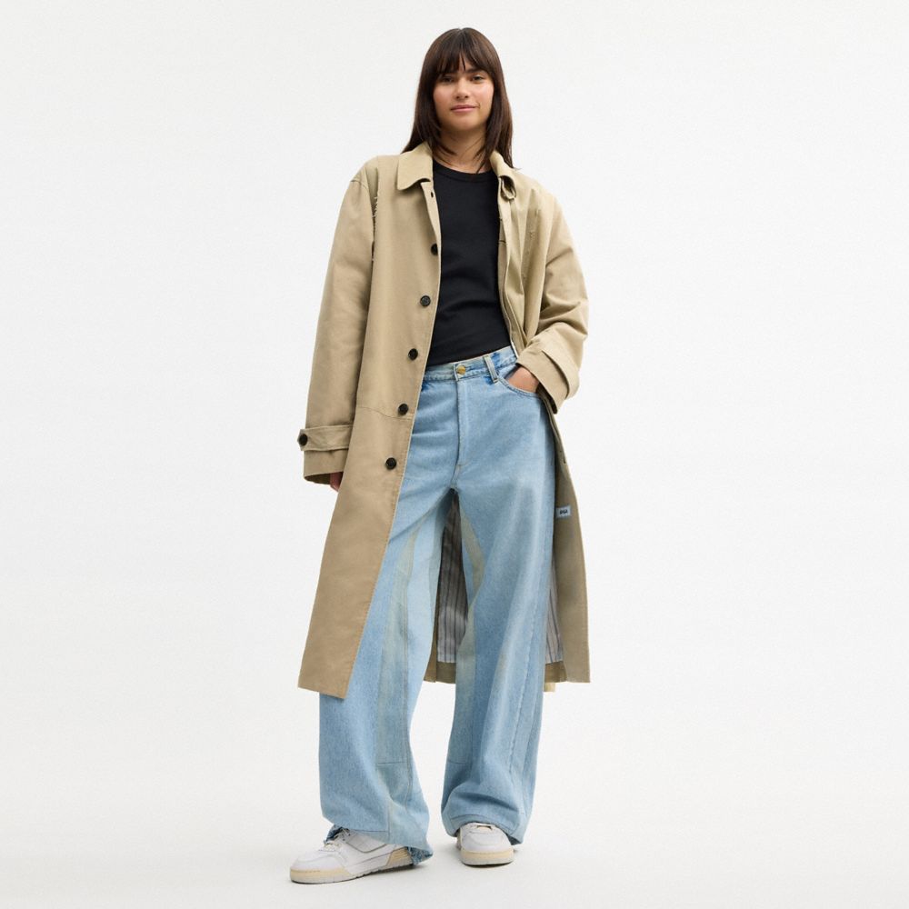 COACH®,Repurposed Cotton Trench Coat,Cotton,Polyester,Trench,Frayed,Patchwork,Sustainable,Casual,Beige,Scale View