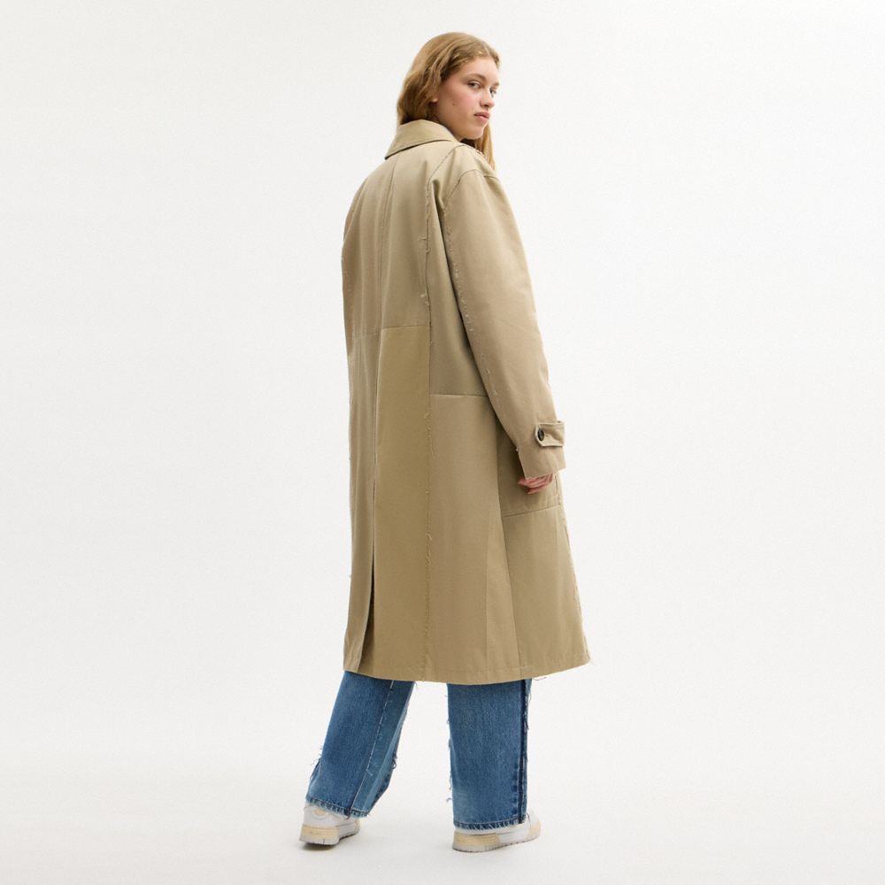 COACH®,Repurposed Cotton Trench Coat,Cotton,Polyester,Trench,Frayed,Patchwork,Sustainable,Casual,Beige,Scale View