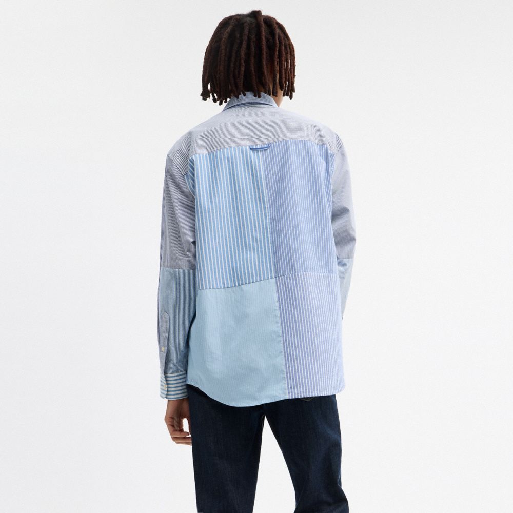 COACH®,Repurposed Cotton Patchwork Oxford Shirt,Cotton,Button Down,Patchwork,Color Block,Casual,Multi Color,Scale View