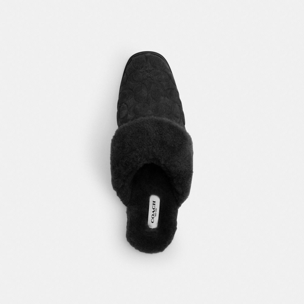 COACH®,Sherpa Flat Mule In Signature Suede,Suede,Rubber,Faux Shearling,Mules,Slippers,Fur Embellishment,Logo,Indoor,Black,Inside View,Top View