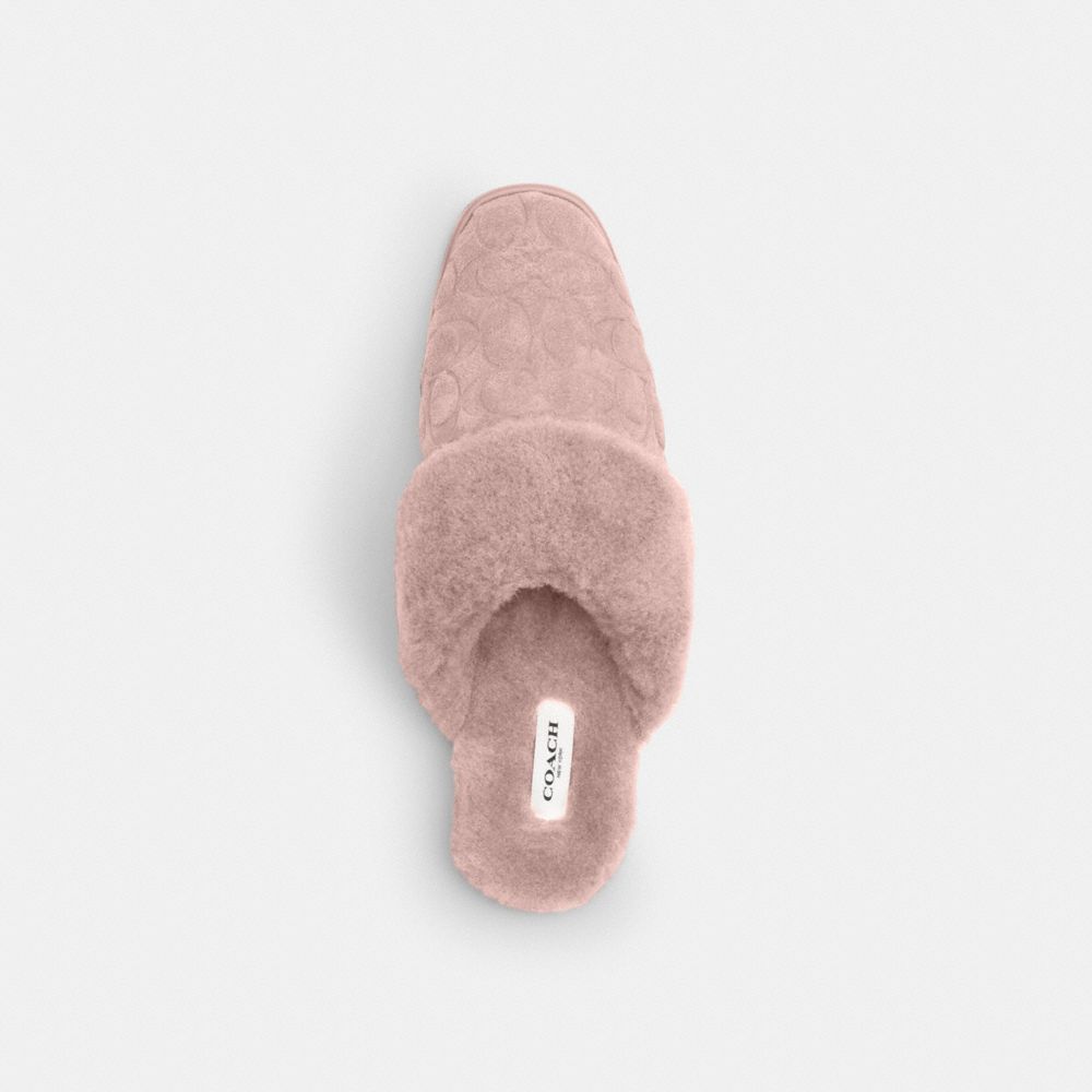 COACH®,Sherpa Flat Mule In Signature Suede,Suede,Rubber,Faux Shearling,Mules,Slippers,Fur Embellishment,Logo,Indoor,Blush,Inside View,Top View