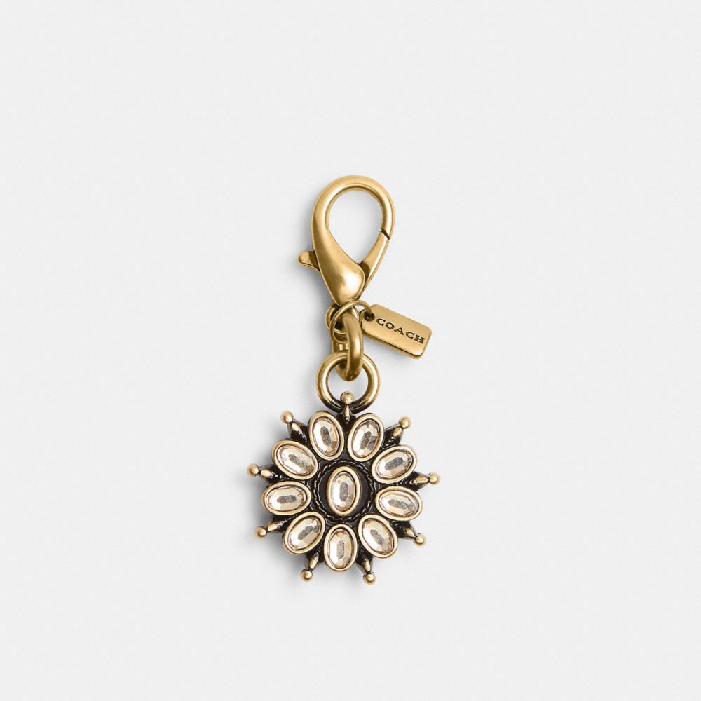 COACH®,DIY Crystal Flower Charm,Bag Charm,Metal Material,Crystal,Rhinestones,Key Ring,Brass,Gold,Front View