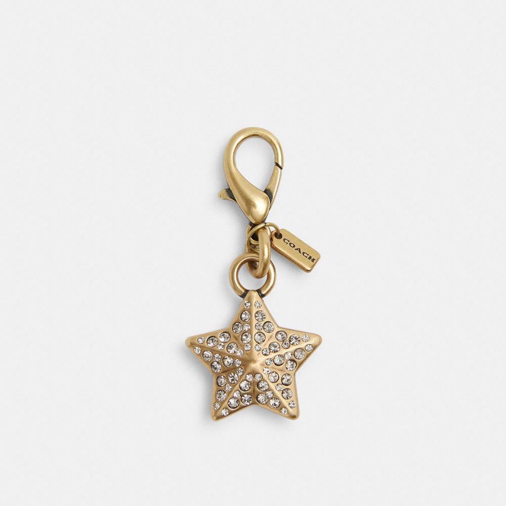 COACH®,DIY Crystal Star Charm,Bag Charm,Crystal,Metal Material,3D Embellishment,Rhinestones,Key Ring,Brass,Gold,Front View