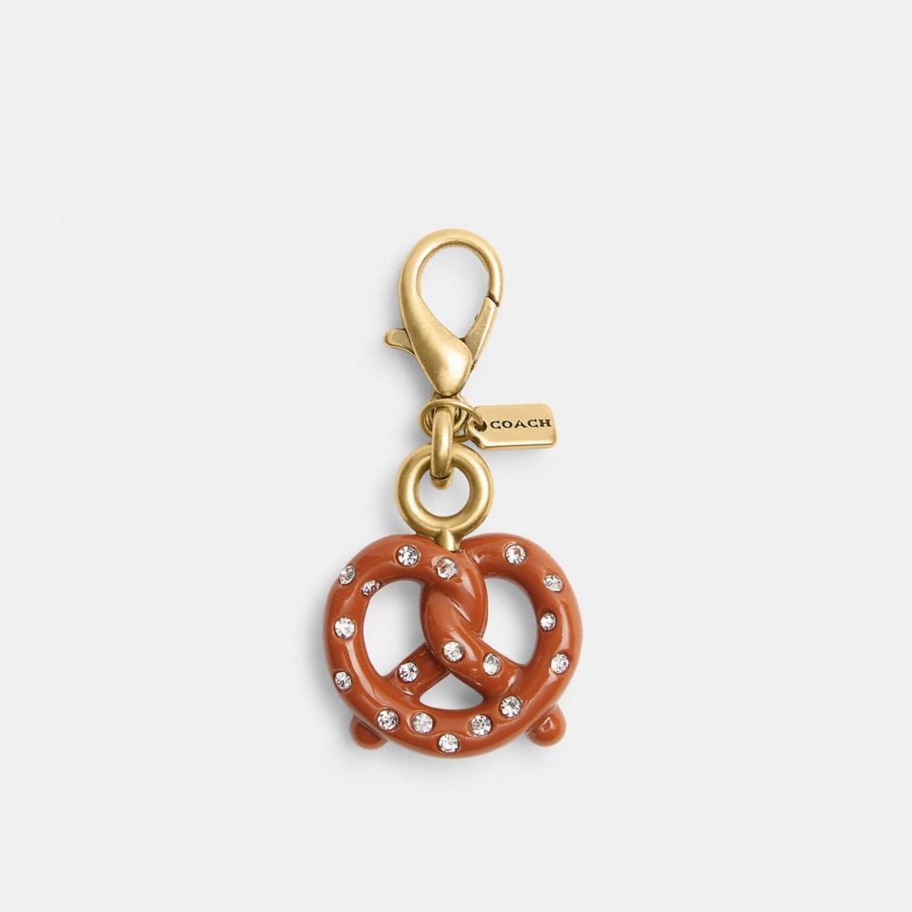 COACH®,DIY Pretzel Charm,Bag Charm,Resin,Crystal,3D Embellishment,Rhinestones,Brass,Brown,Front View