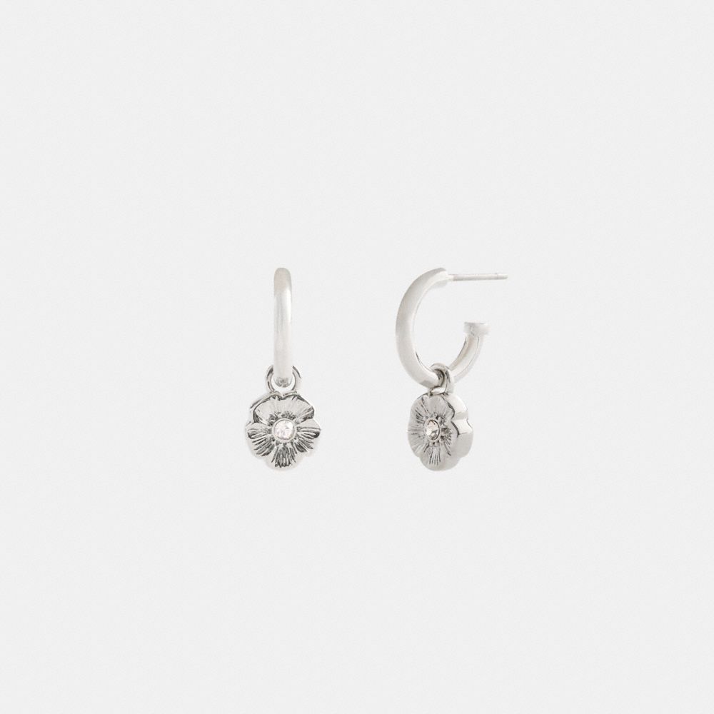 Coach Tea Rose Charm Hoop Earrings In Silver