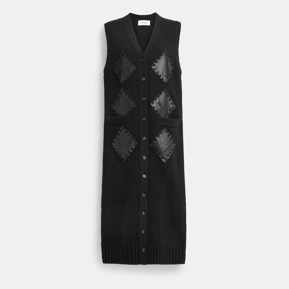 Coach Leather Patch Long Cardigan Vest In Black