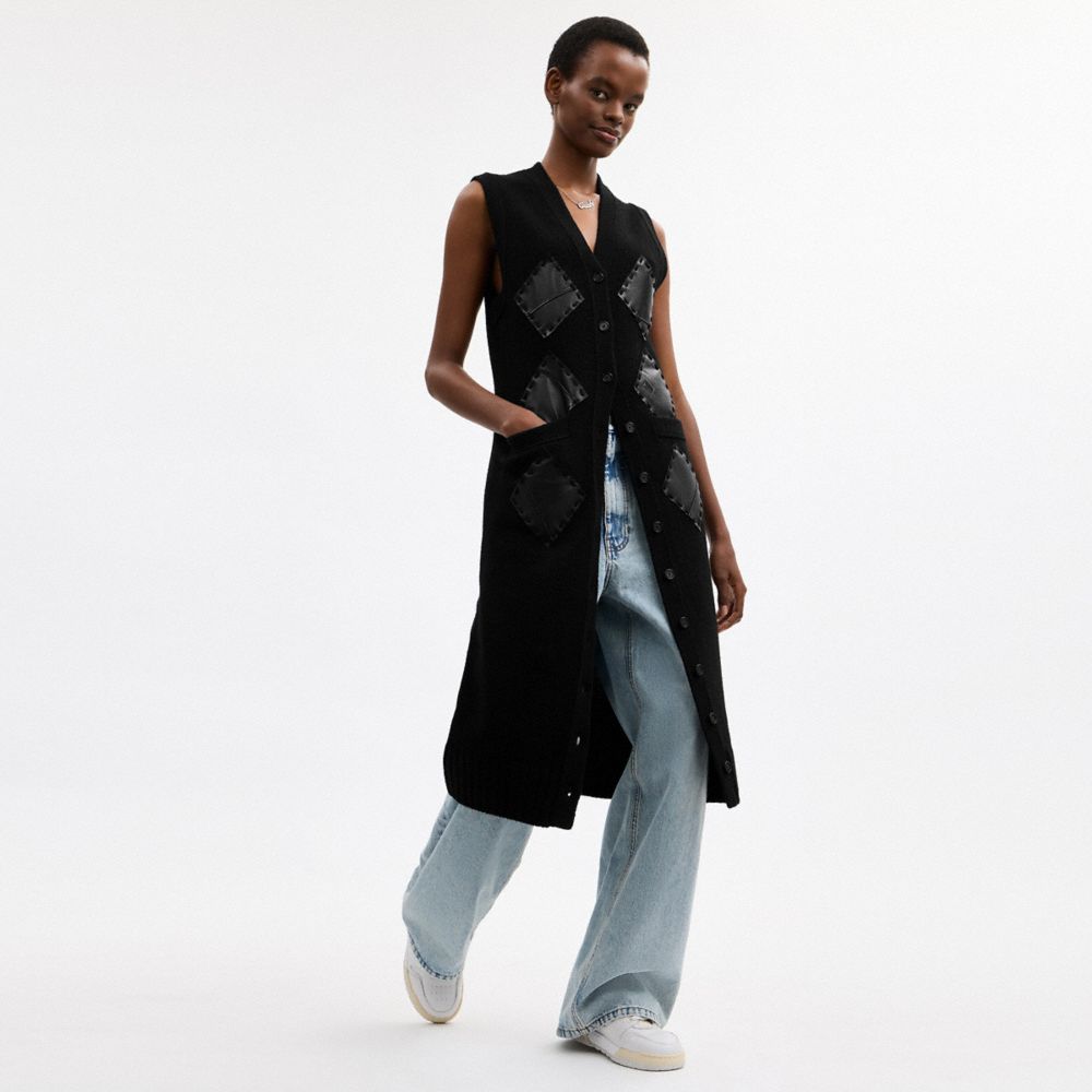 Coach Leather Patch Long Cardigan Vest In Black
