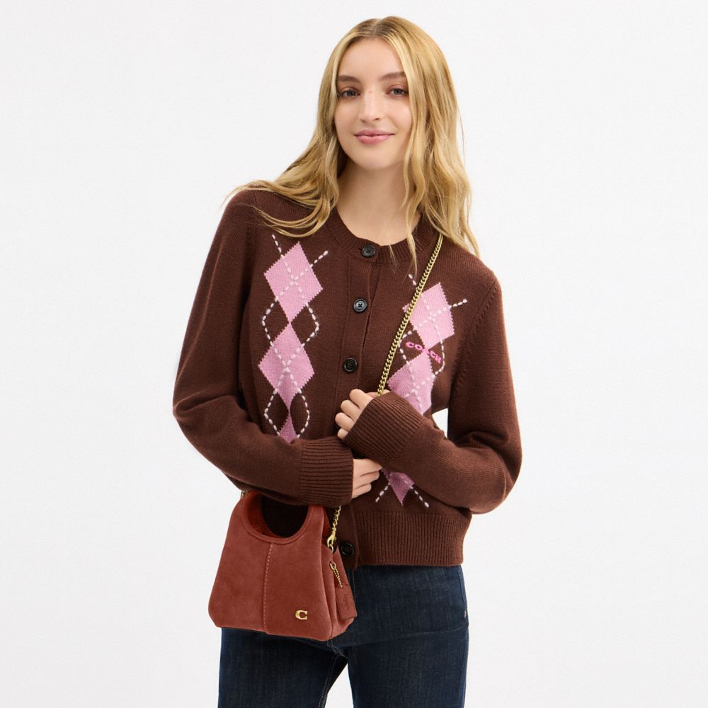 COACH®,Lana Shoulder Bag 19,Suede,Crossbody,Metal,Logo,Shoulder Guard,Gold Metal,Casual,Brown,Detail View