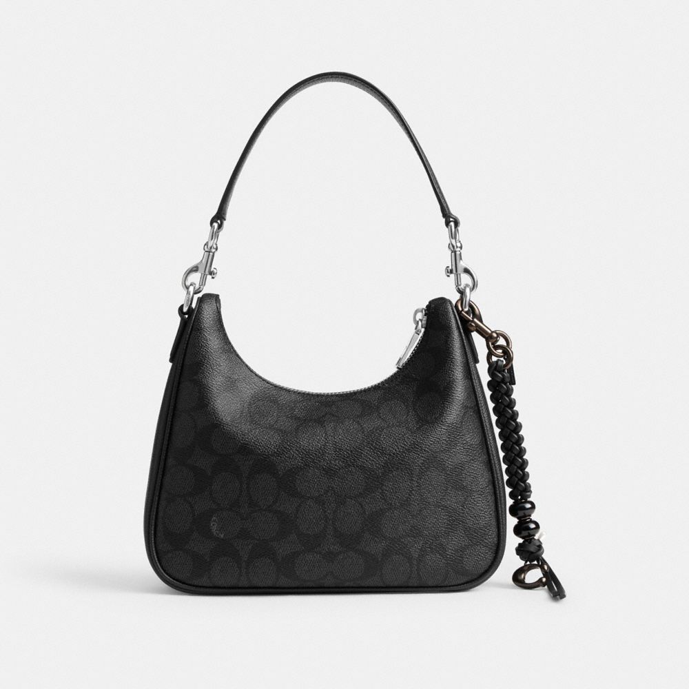 COACH®,Braided Bag Charm,Bag Charm,Beaded,Bead Embellishment,Logo,Metal,Braided,Silver Metal,Black,Angle View