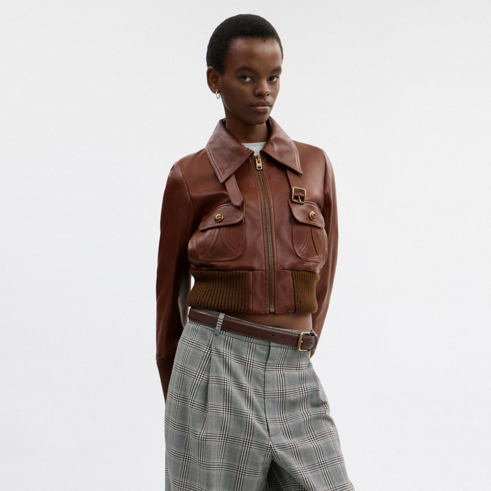 COACH®,Shrunken Leather Aviator Jacket,,Scale View