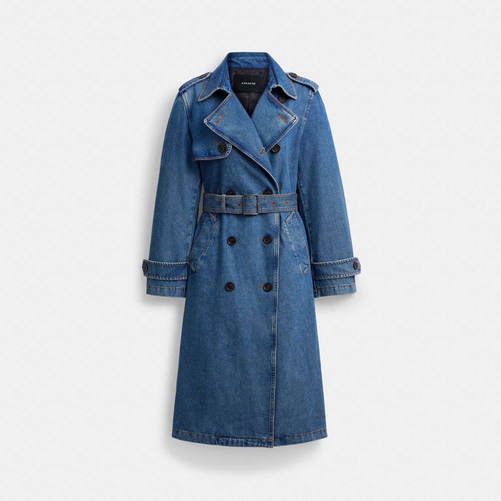 COACH®,Denim Long Trench Coat,Viscose,Cotton,Recycled Polyester,Denim,Trench,Button,Gun Flap,Casual,Blue,Front View