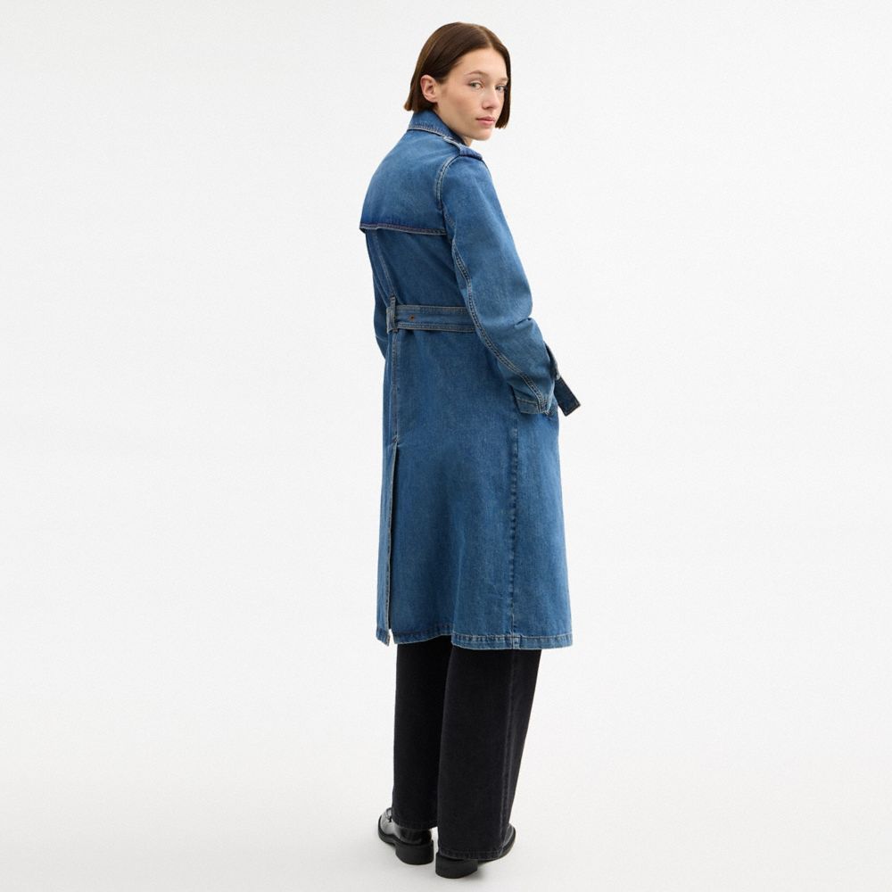 COACH®,Denim Long Trench Coat,Viscose,Cotton,Recycled Polyester,Denim,Trench,Button,Gun Flap,Casual,Blue,Scale View