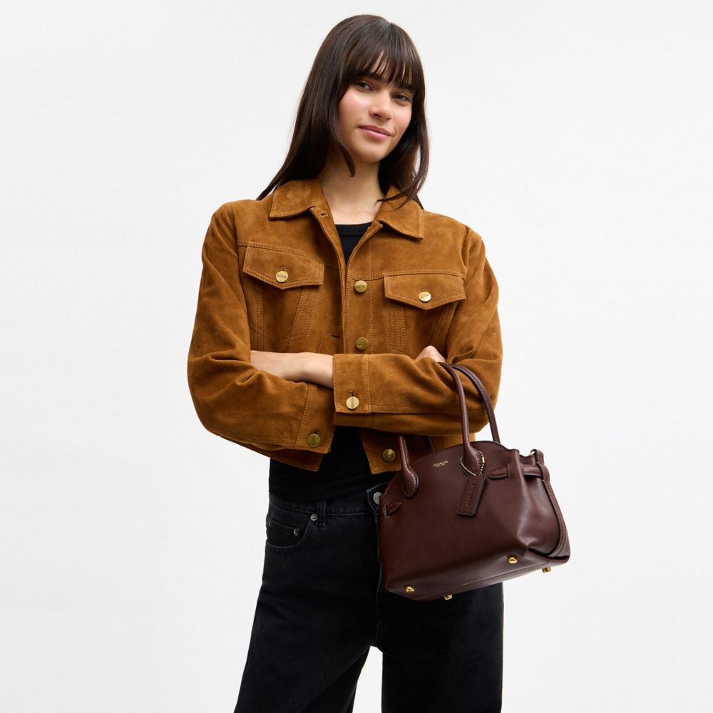 COACH®,Soft Empire Carryall Bag 21,Leather,Satchel,3D Embellishment,Metal,Pendant,Work,Brown,Detail View