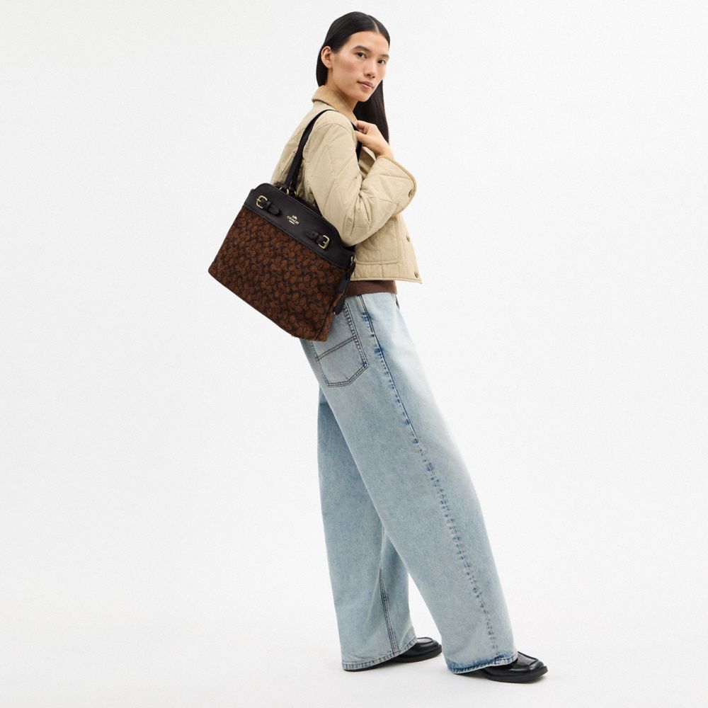 COACH®,Easton Tote Bag In Signature Chenille,Leather,Tote,Color Block,Logo,Lined,Stain Resistant,Gold Metal,Work,Brown,Detail View