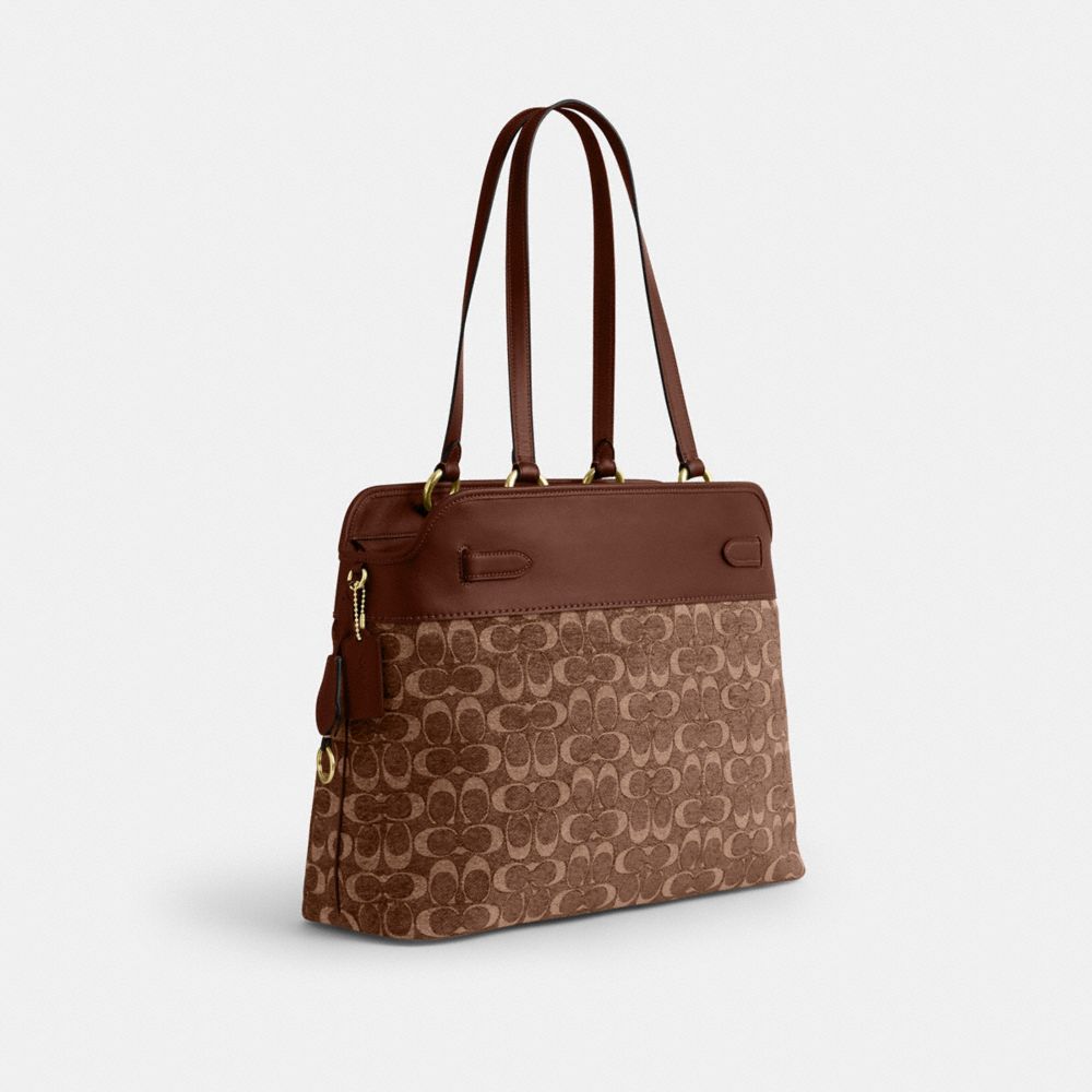 COACH®,Easton Tote Bag In Signature Chenille,Leather,Tote,Color Block,Logo,Lined,Stain Resistant,Gold Metal,Work,Brown,Angle View
