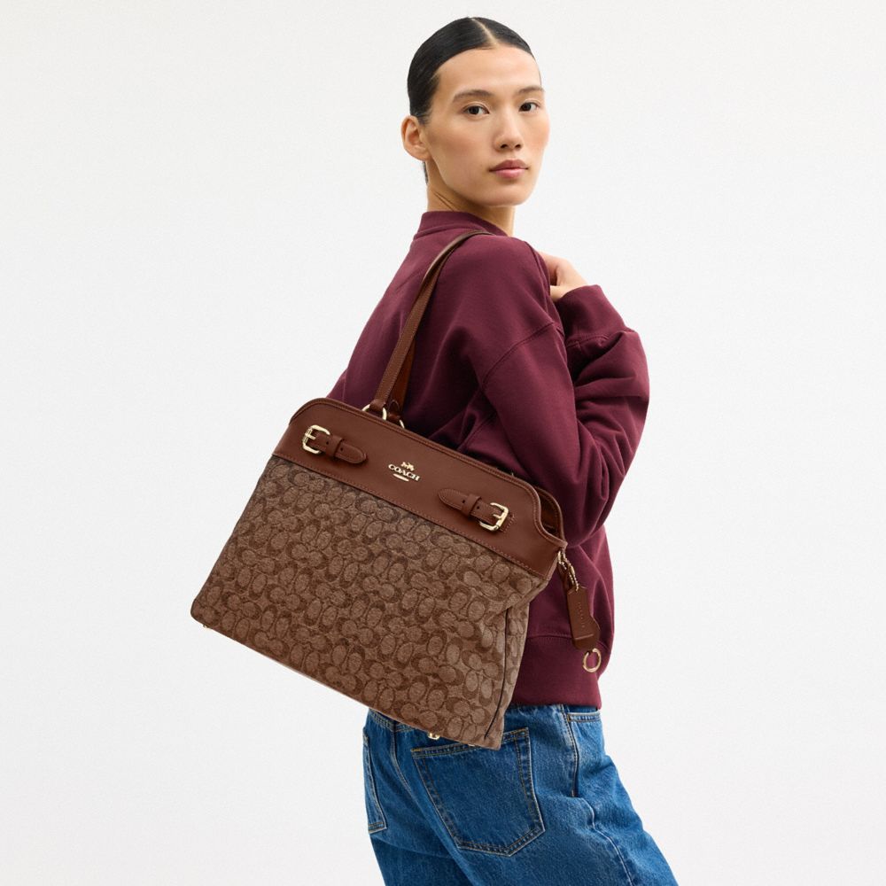 COACH®,Easton Tote Bag In Signature Chenille,Leather,Tote,Color Block,Logo,Lined,Stain Resistant,Gold Metal,Work,Brown,Detail View