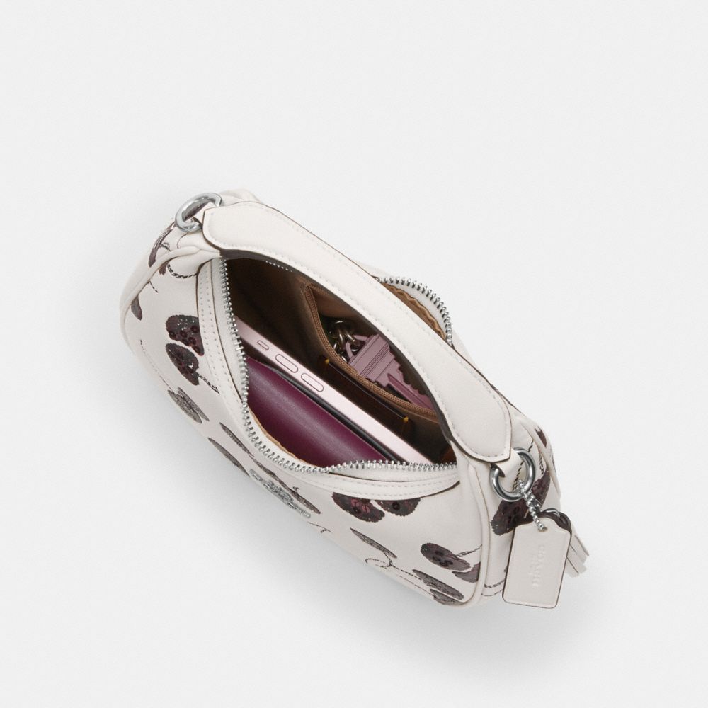 COACH®,Carmen Mini Crossbody Bag With Cherry Print,Leather,Crossbody,Tassel,Sequin,Glitter,Adjustable,Lined,Tear Resistant...,Cream,Inside View,Top View