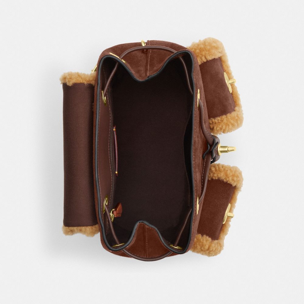 COACH®,Hadley Backpack,Suede,Shearling,Leather,Backpack,Metal,Logo,Piping,Shearling,Lined,Gold Metal,Day Party,Brown,Inside View,Top View