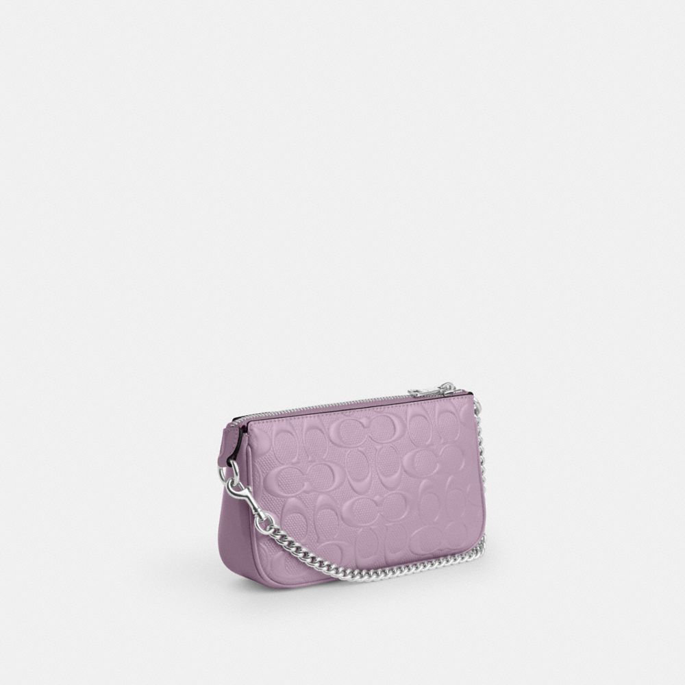 COACH®,Nolita 19 In Signature Leather With Heart Charm,Leather,Shoulder Bag,Metal,Heart Embellishment,Logo,Rhinestones,Sho...,Lavender,Angle View