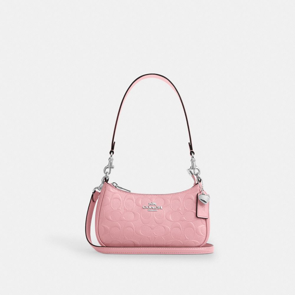 COACH®,Teri Mini Crossbody Bag In Signature Leather With Heart Charm,Pink,Front View