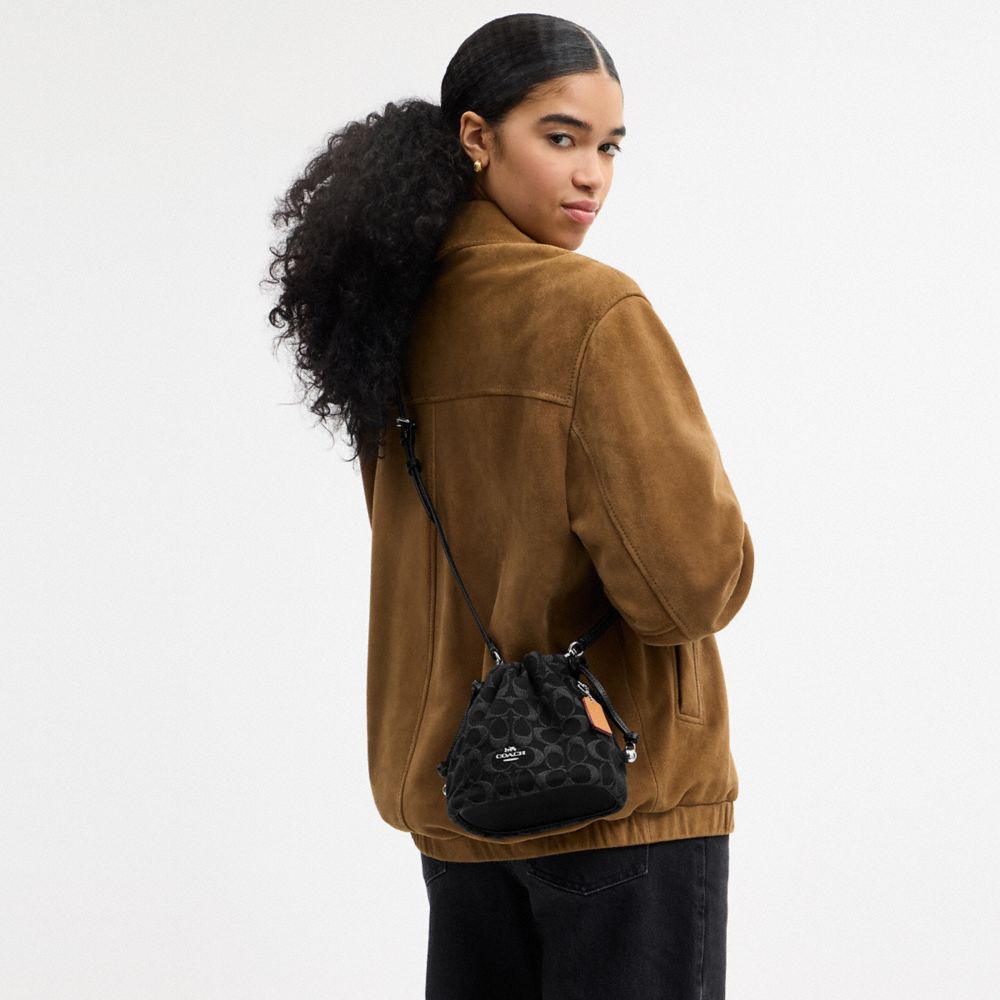 COACH®,Faye Mini Drawstring Bag In Signature Denim,Denim,Cotton,Leather,Bucket,Logo,Metal,Silver Metal,Day Party,Black