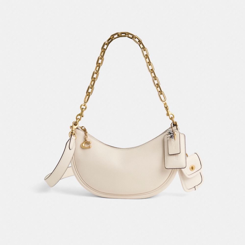 COACH®,Upcrafted Mira Shoulder Bag,Leather,Shoulder Bag,Tag Embellishment,Logo,Metal,Gold Metal,Day Party,Cream,Front View