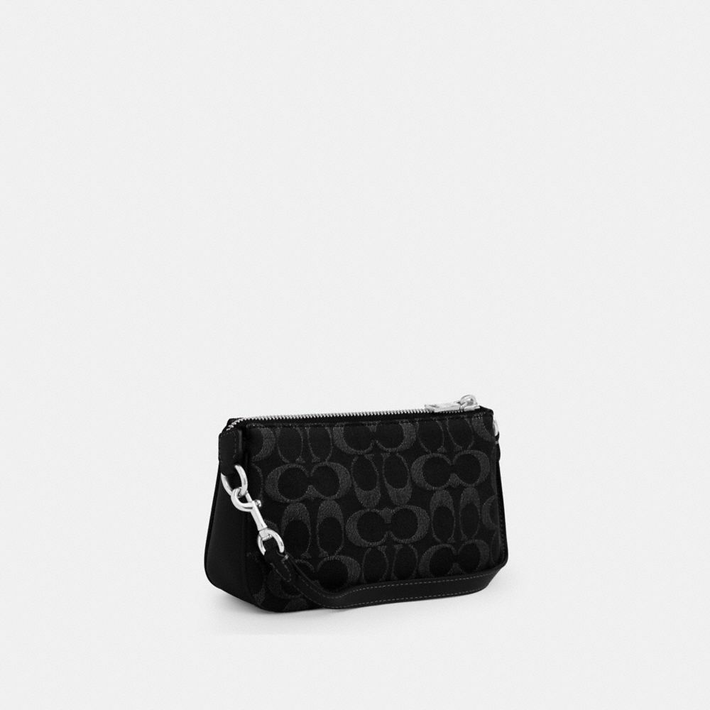 COACH®,Nolita 19 In Signature Denim,Denim,Leather,Cotton,Shoulder Bag,Logo,Metal,Silver Metal,Casual,Black,Angle View