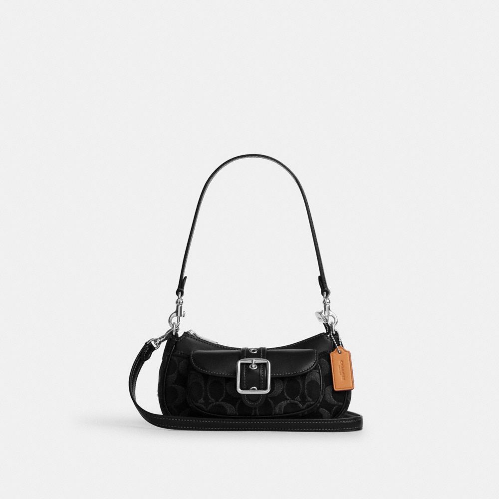 COACH®,Ashton Mini Shoulder Bag In Signature Denim,Leather,Denim,Cotton,Shoulder Bag,Logo,Adjustable,Lined,Breathable,Silv...,Black,Front View