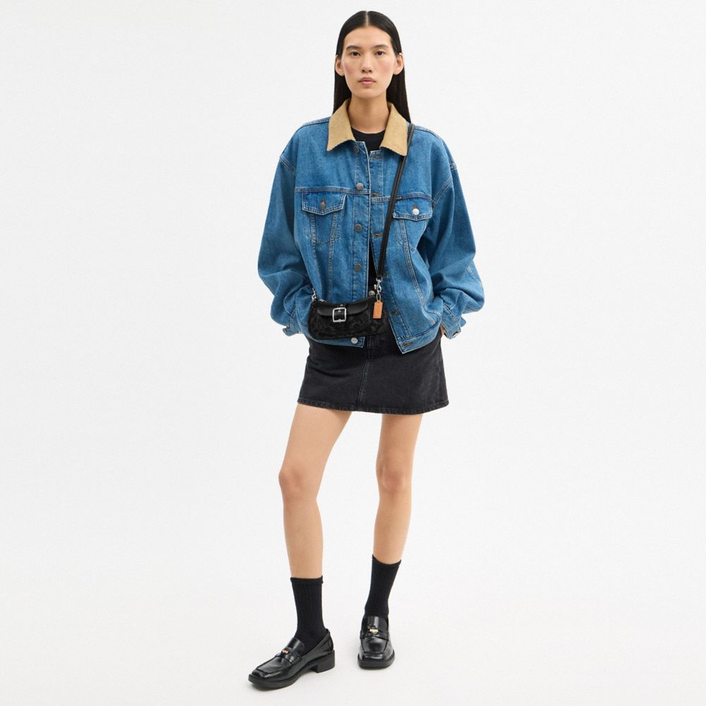 COACH®,Ashton Mini Shoulder Bag In Signature Denim,Leather,Denim,Cotton,Shoulder Bag,Logo,Adjustable,Lined,Breathable,Silv...,Black