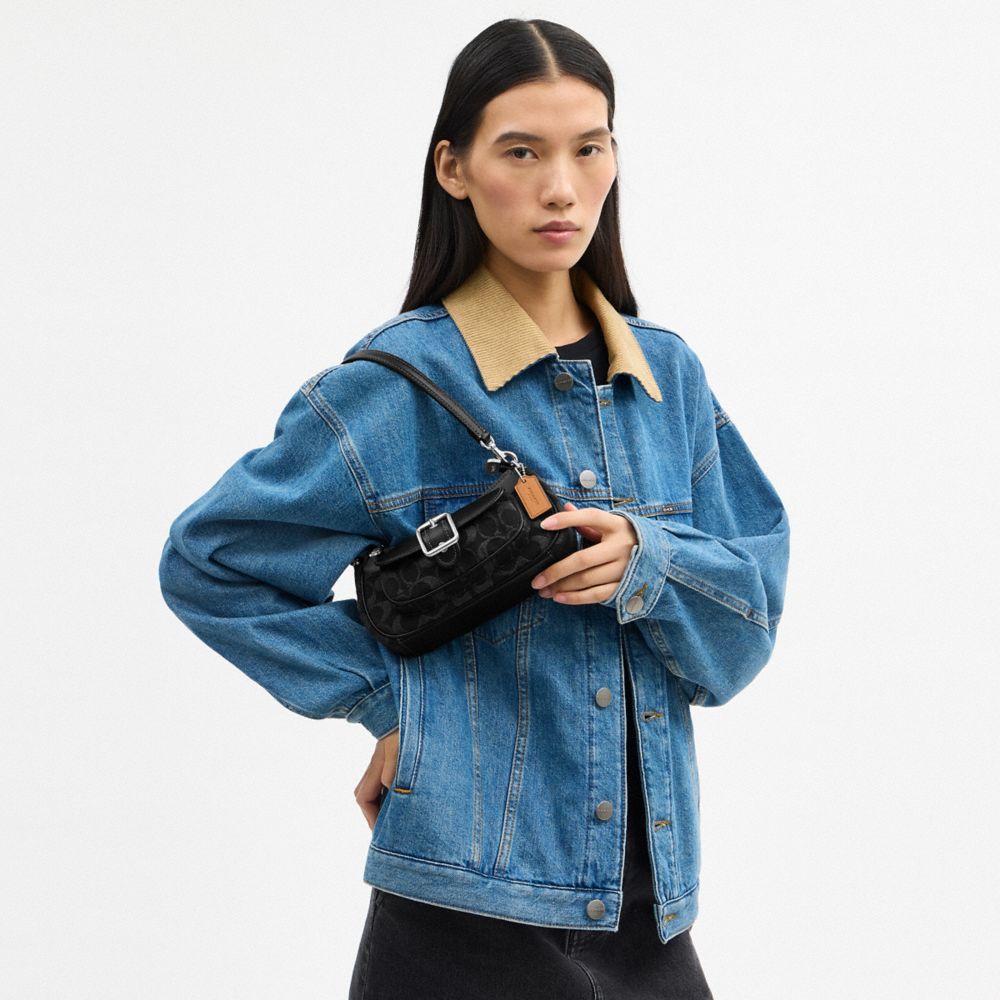 COACH®,Ashton Mini Shoulder Bag In Signature Denim,Leather,Denim,Cotton,Shoulder Bag,Logo,Adjustable,Lined,Breathable,Silv...,Black,Detail View