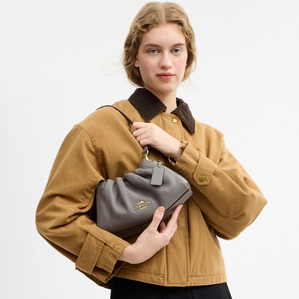 COACH®,Faye Shoulder Bag With Quilting,Shoulder Bag,Ball Embellishment,Logo,Metal,Lined,Adjustable,Gold Metal,Day Party,Gray,Detail View