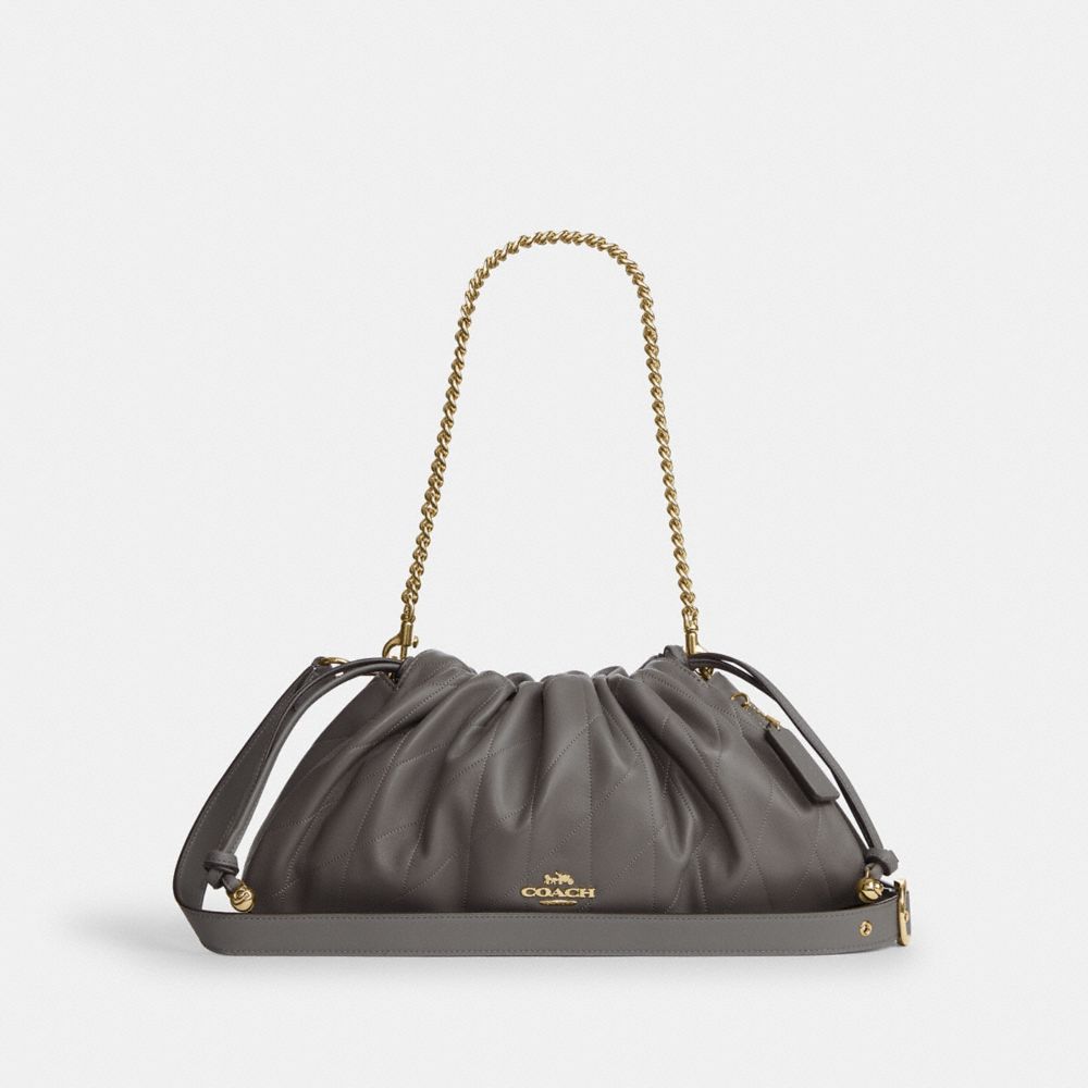 COACH®,Faye Large Shoulder Bag With Quilting,Shoulder Bag,Ball Embellishment,Logo,Metal,Lined,Shoulder Guard,Gold Metal,Da...,,Front View