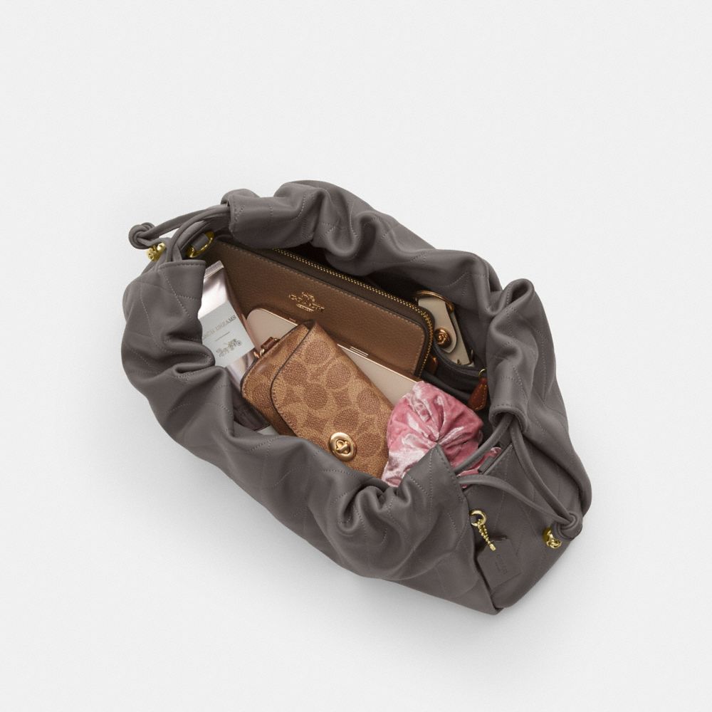 COACH®,Faye Large Shoulder Bag With Quilting,Shoulder Bag,Ball Embellishment,Logo,Metal,Lined,Shoulder Guard,Gold Metal,Da...,Gray,Inside View,Top View