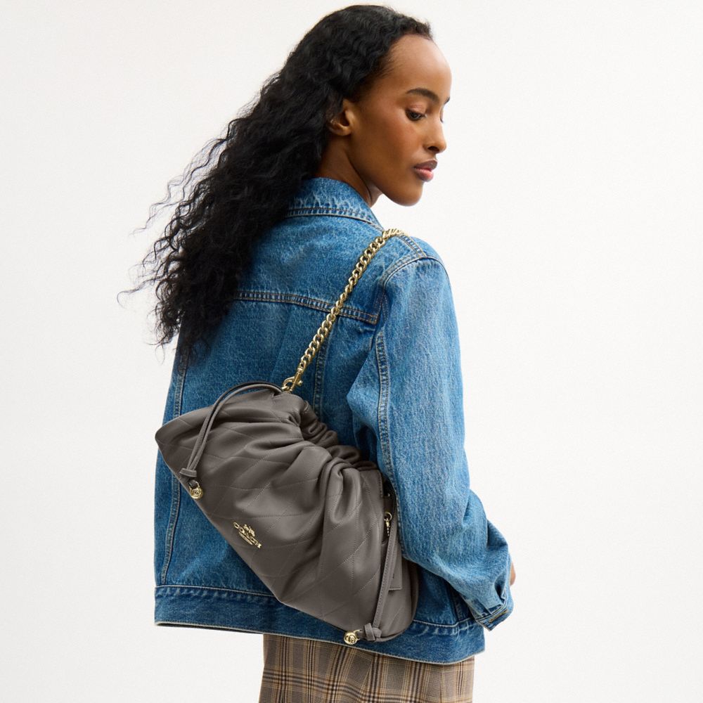 COACH®,Faye Large Shoulder Bag With Quilting,Shoulder Bag,Ball Embellishment,Logo,Metal,Lined,Shoulder Guard,Gold Metal,Da...,Gray,Detail View