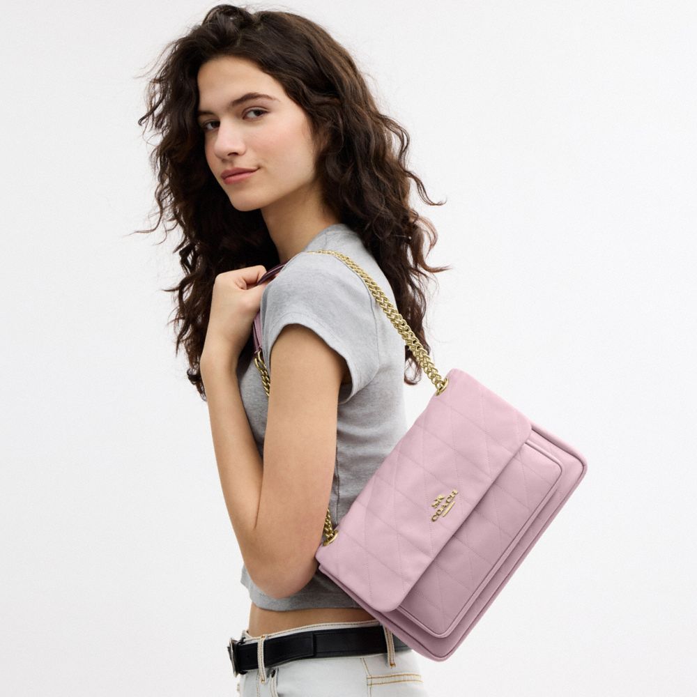 COACH®,Elodie Crossbody Bag With Quilting,Leather,Shoulder Bag,Logo,Metal,Shoulder Guard,Gold Metal,Day Party,Lavender,Detail View