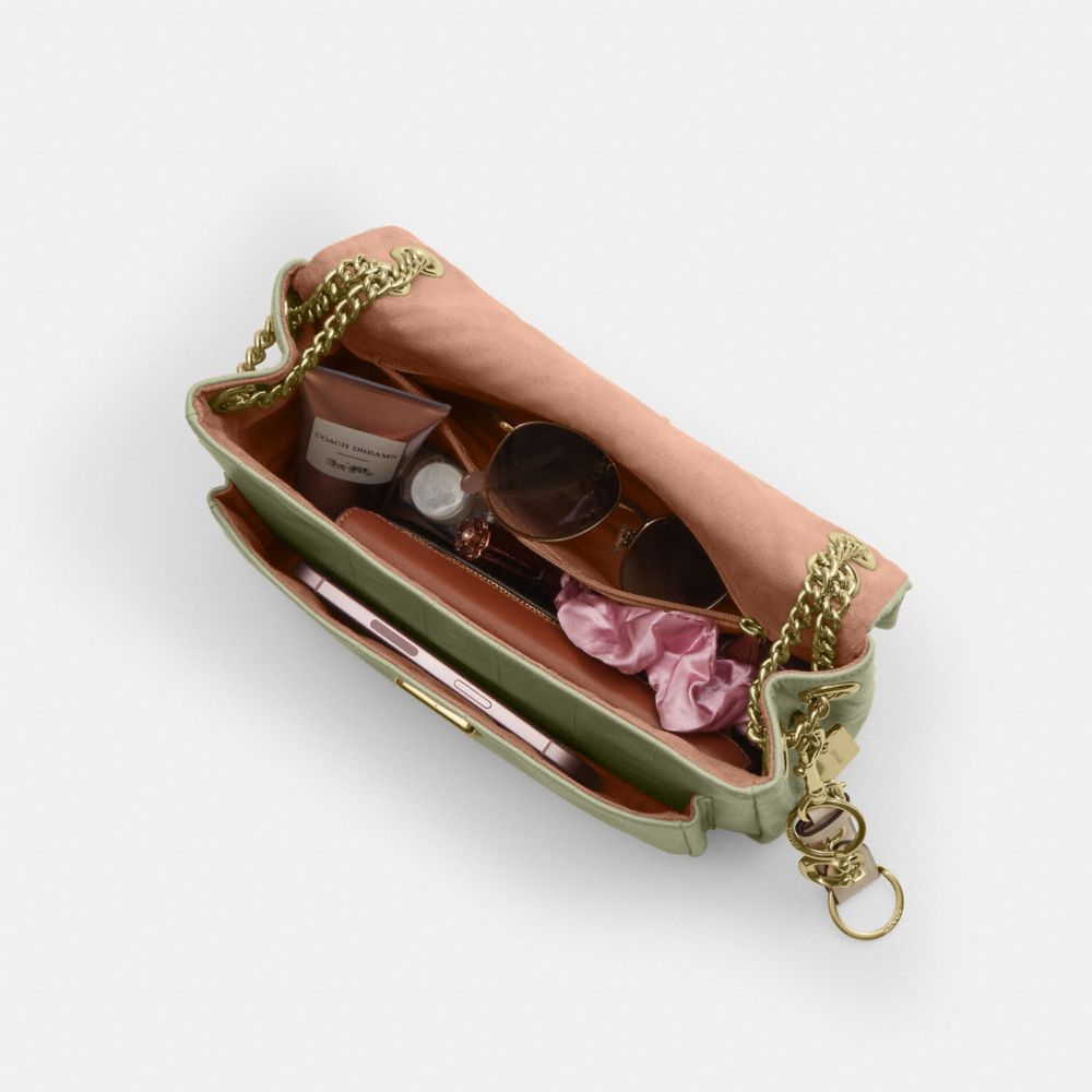 COACH®,Elodie Crossbody Bag With Quilting,Leather,Shoulder Bag,Logo,Metal,Shoulder Guard,Gold Metal,Day Party,Olive,Inside View,Top View