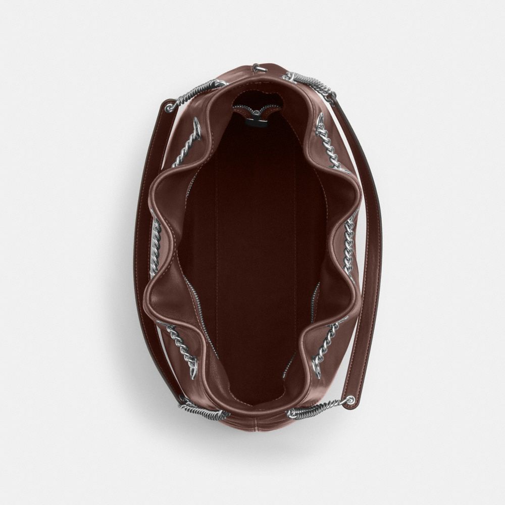 COACH®,Evelyn Shoulder Bag,Leather,Bucket,Metal,Logo,Gold Plated,Day Party,Brown,Inside View,Top View