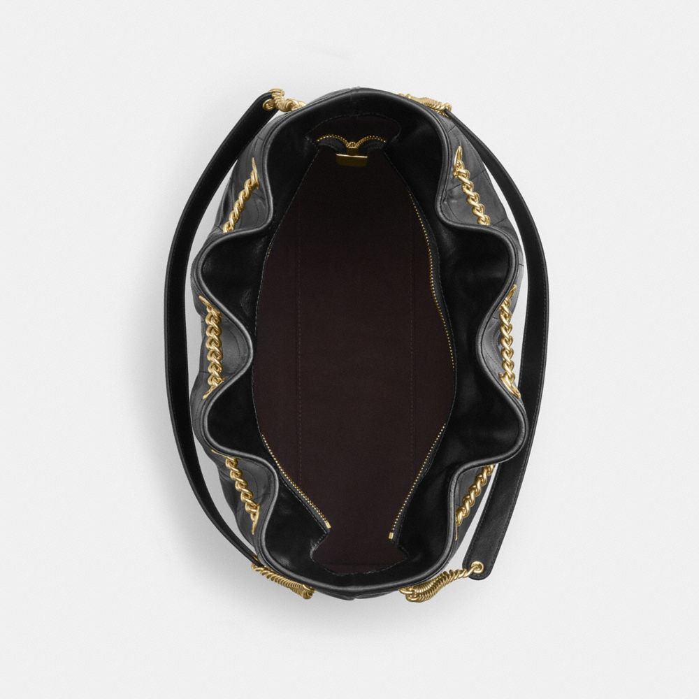 COACH®,Evelyn Large Shoulder Bag With Quilting,Leather,Bucket,Metal,Logo,Day Party,Black,Inside View,Top View