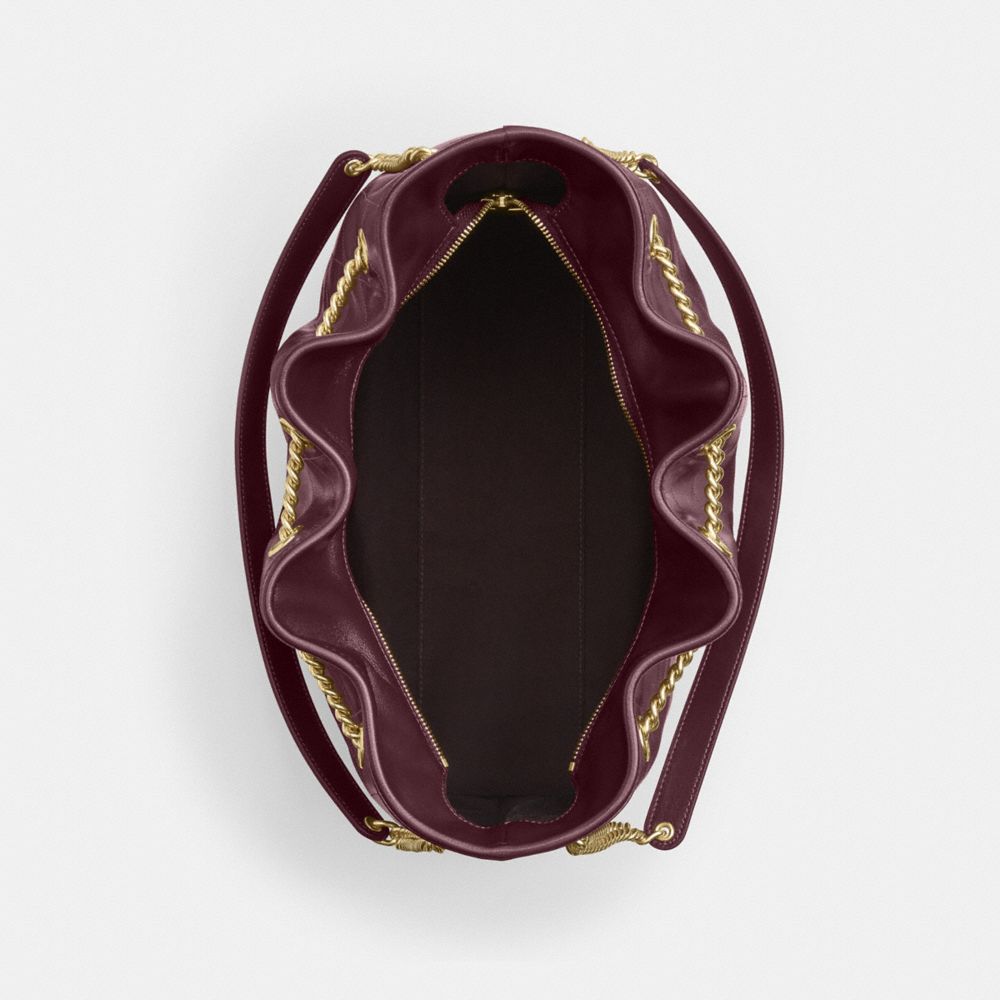 COACH®,Evelyn Large Shoulder Bag With Quilting,Leather,Bucket,Metal,Logo,Day Party,Maroon,Inside View,Top View