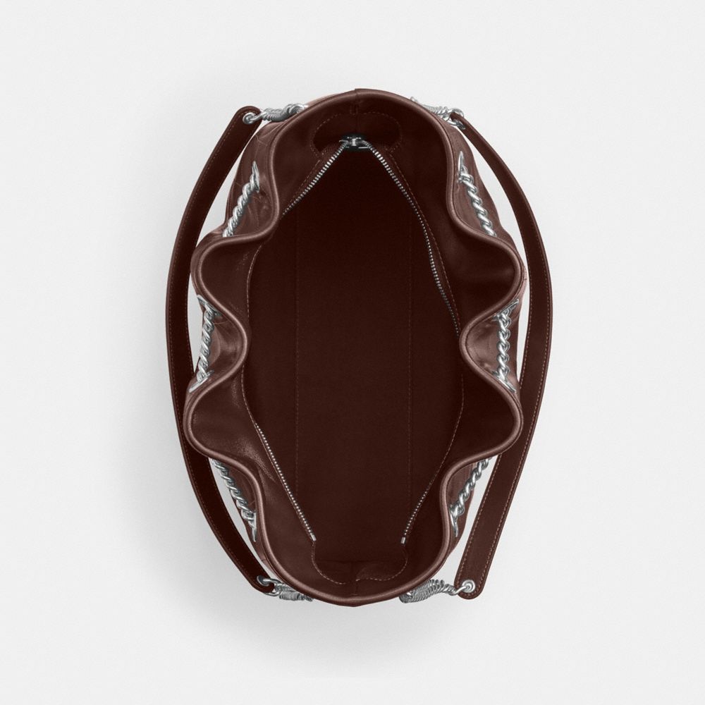 COACH®,Evelyn Large Shoulder Bag With Quilting,Leather,Bucket,Metal,Logo,Day Party,Brown,Inside View,Top View