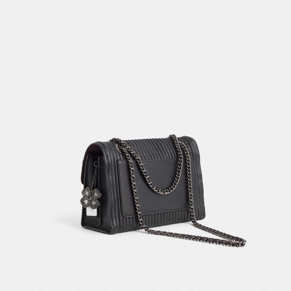 COACH®,Upcrafted Parker Shoulder Bag,Shoulder Bag,Applique,Chain Detail,Logo,Metal,Ribbed,Rhinestones,Studded,Adjustable,G...,Black,Angle View