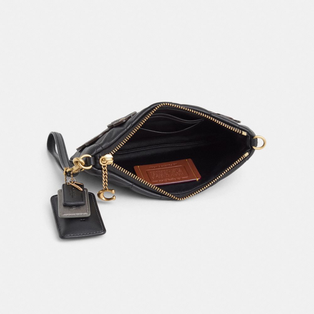 COACH®,Upcrafted Pouch Bag With Pillow Quilting,Pouch,Logo,Metal,Embossed,Applique,Studded,Brass,Day Party,Black,Inside View,Top View