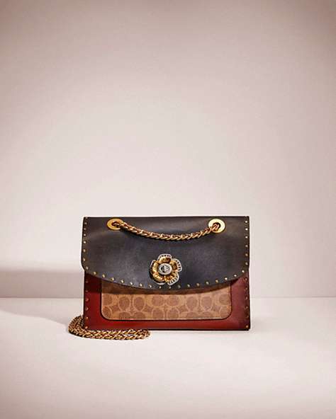 COACH®,RESTORED PARKER WITH RIVETS AND SNAKESKIN DETAIL,Smooth Leather,Small,Brass/Black Multi,Front View