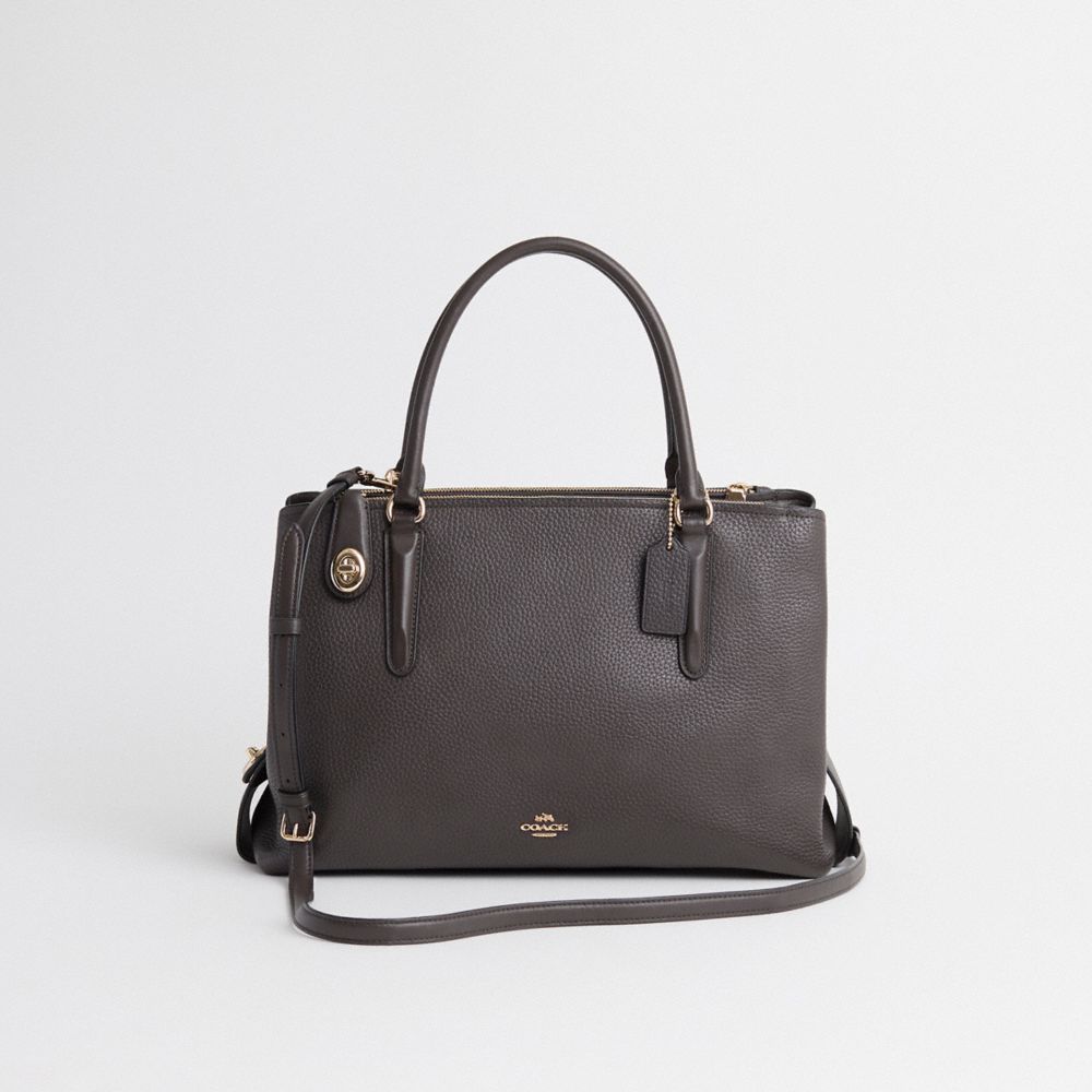 COACH®,Restored Brooklyn Carryall 34,Satchel,Metal,Logo,Gunmetal,Work,Brown,Front View