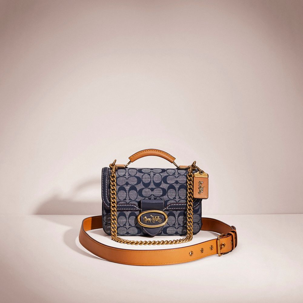 COACH®,RESTORED RILEY TOP HANDLE 22 IN SIGNATURE CHAMBRAY,Smooth Leather,Small,Brass/Chambray Midnight Navy Mlti,Front View